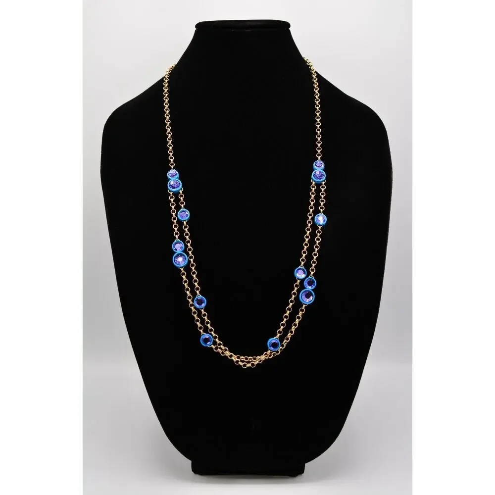 Coldwater Creek Necklace Blue Purple Crystal Rhinestone Chain Gold Signed 9J